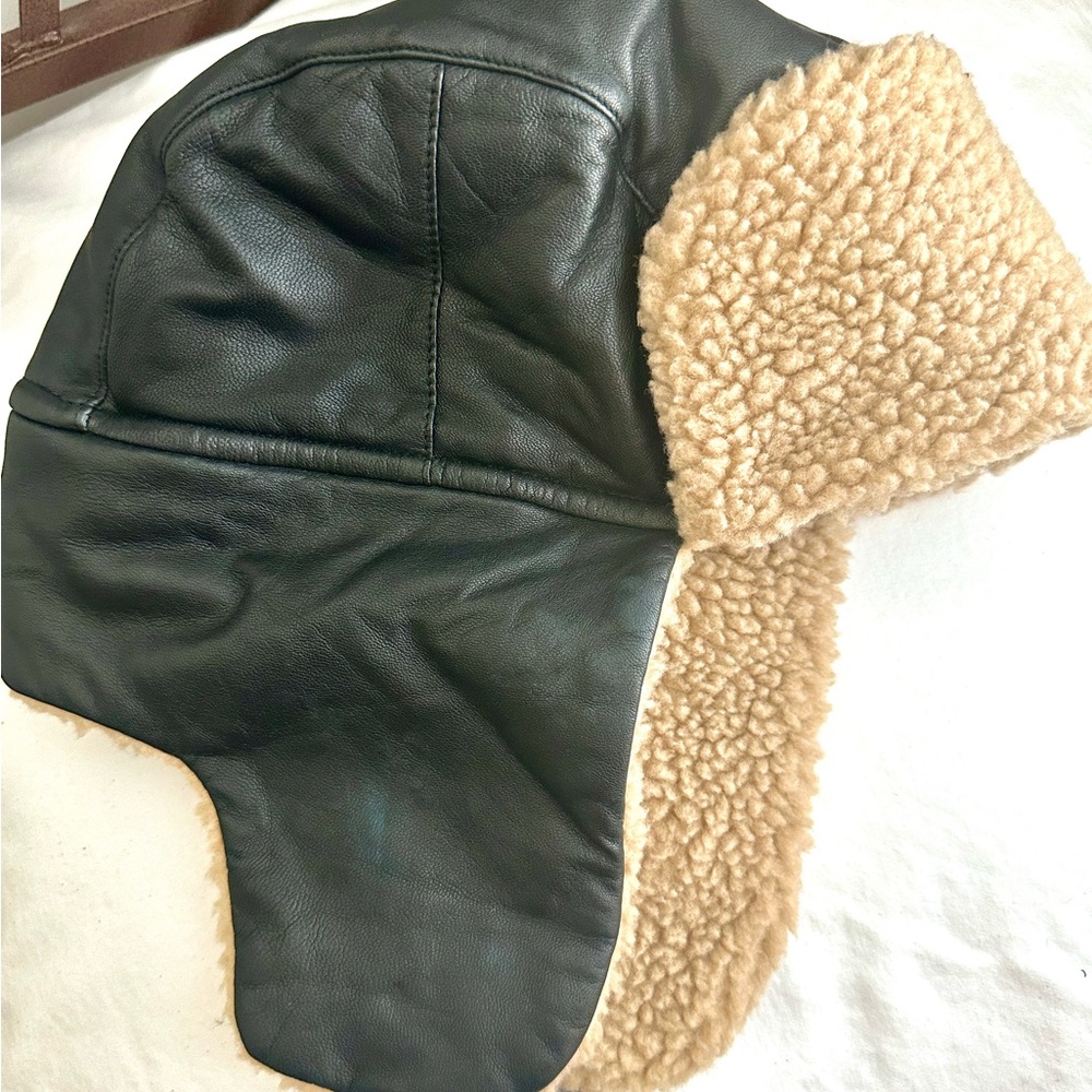 Wilson’s Leather Black Leather Aviator Hat with Shearling Lining